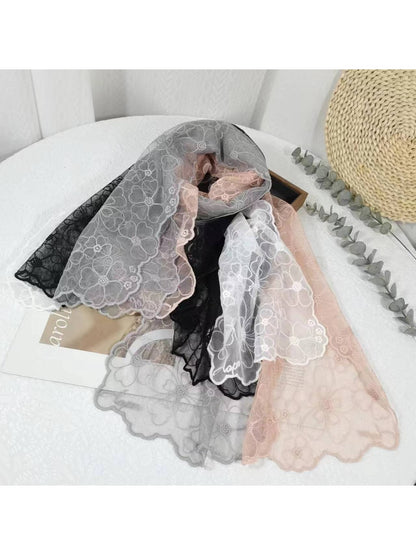 Scarvii - Solid Color Floral Lace Long Scarf