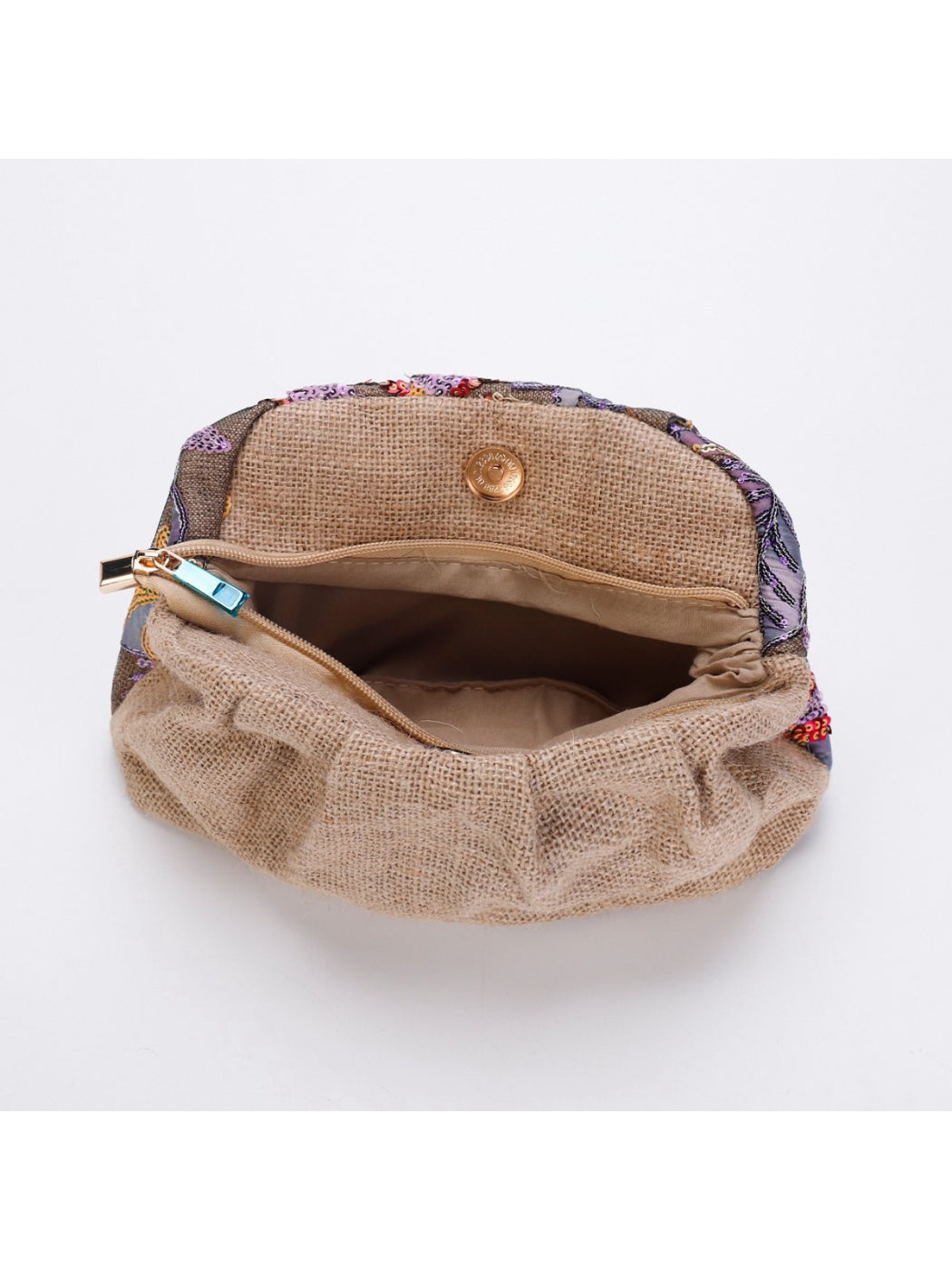 Side view of Cosbai floral sequin clutch bag highlighting slim profile and gold clasp
