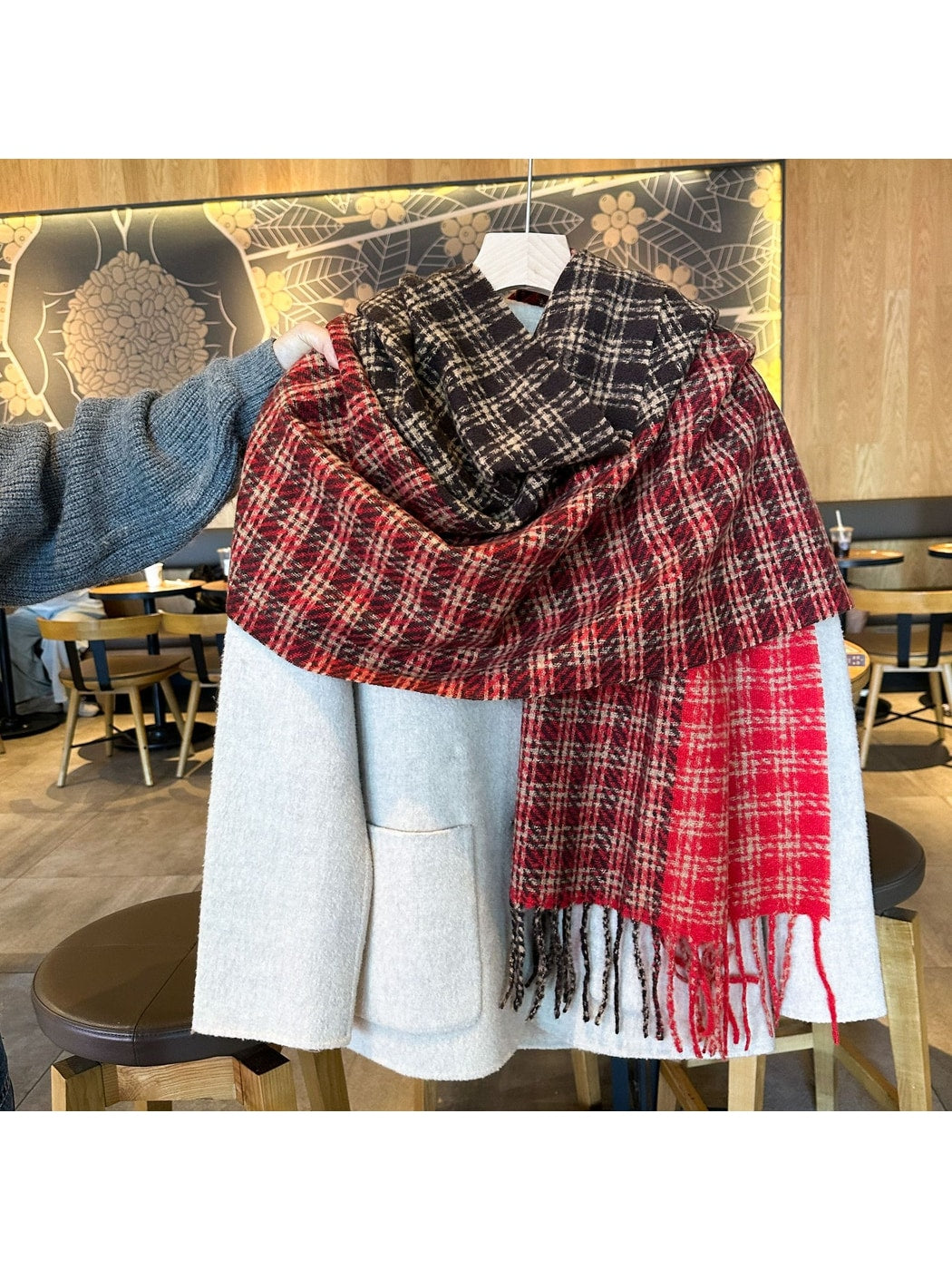 Scarvii - Contrast Panel Plaid Fringed Winter Scarf