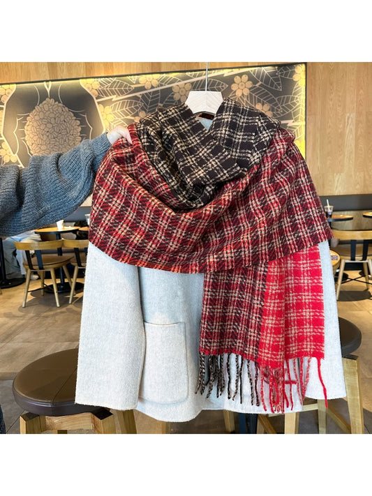 Scarvii - Contrast Panel Plaid Fringed Winter Scarf