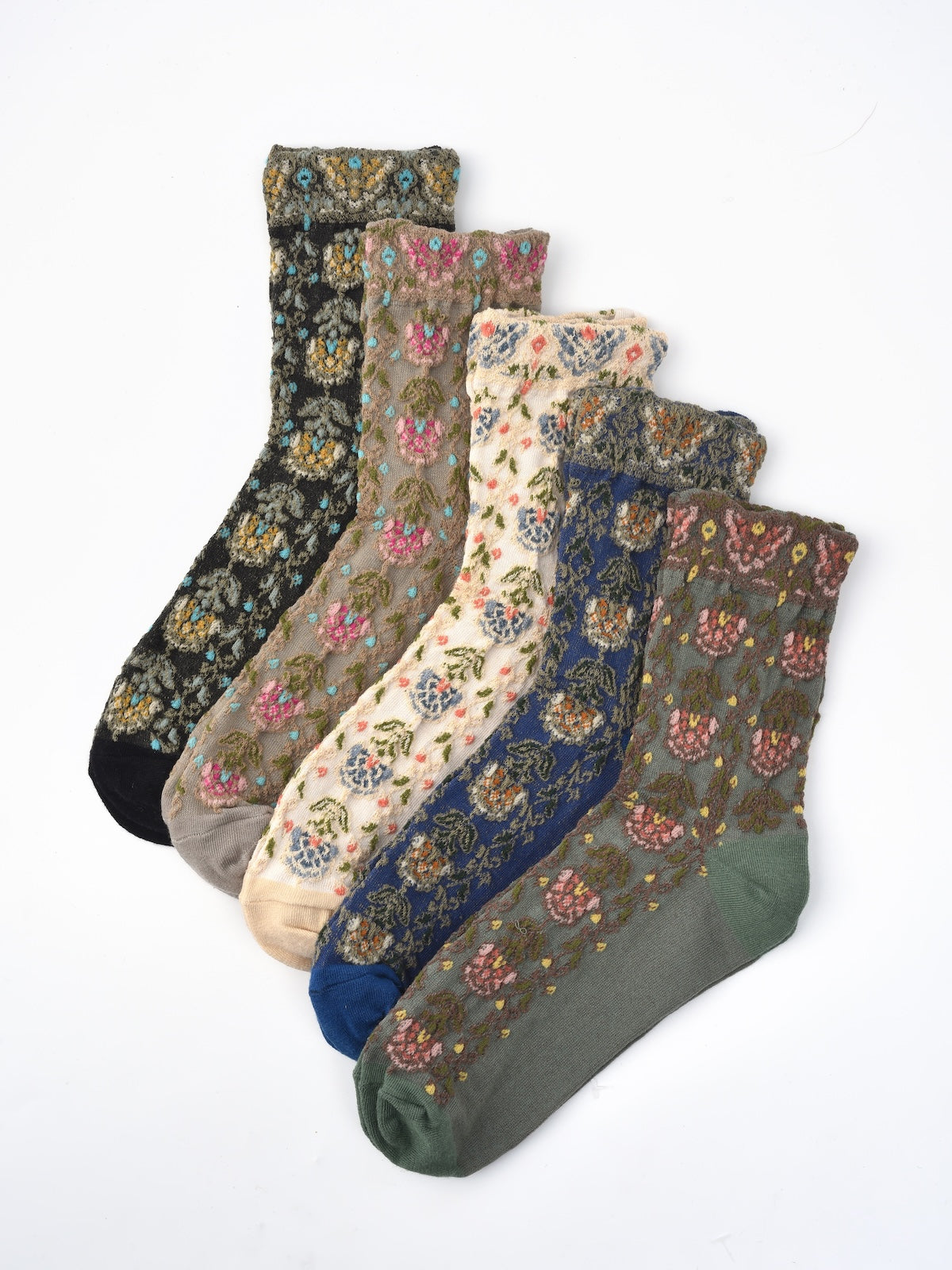 Rufia Embossed Vintage Floral Mid-Calf Socks showing floral motif and knit texture