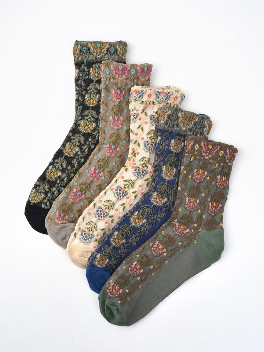 Rufia Embossed Vintage Floral Mid-Calf Socks showing floral motif and knit texture