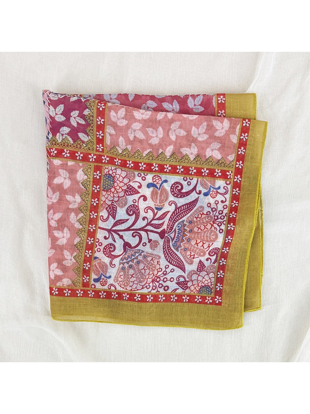 Scarvii patchwork floral border scarf styled as a headscarf on model