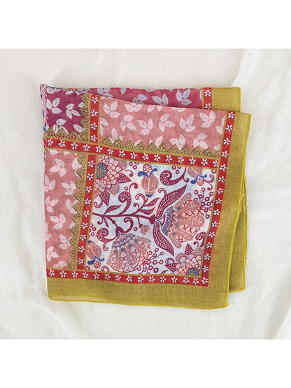 Scarvii patchwork floral border scarf styled as a headscarf on model