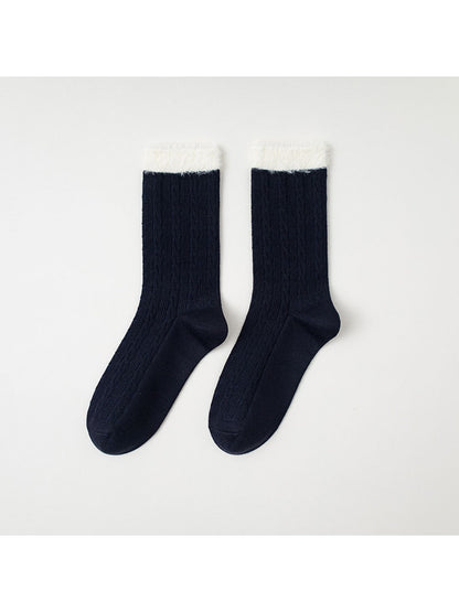 Rufia - Contrast Cuff Textured Casual Crew Socks