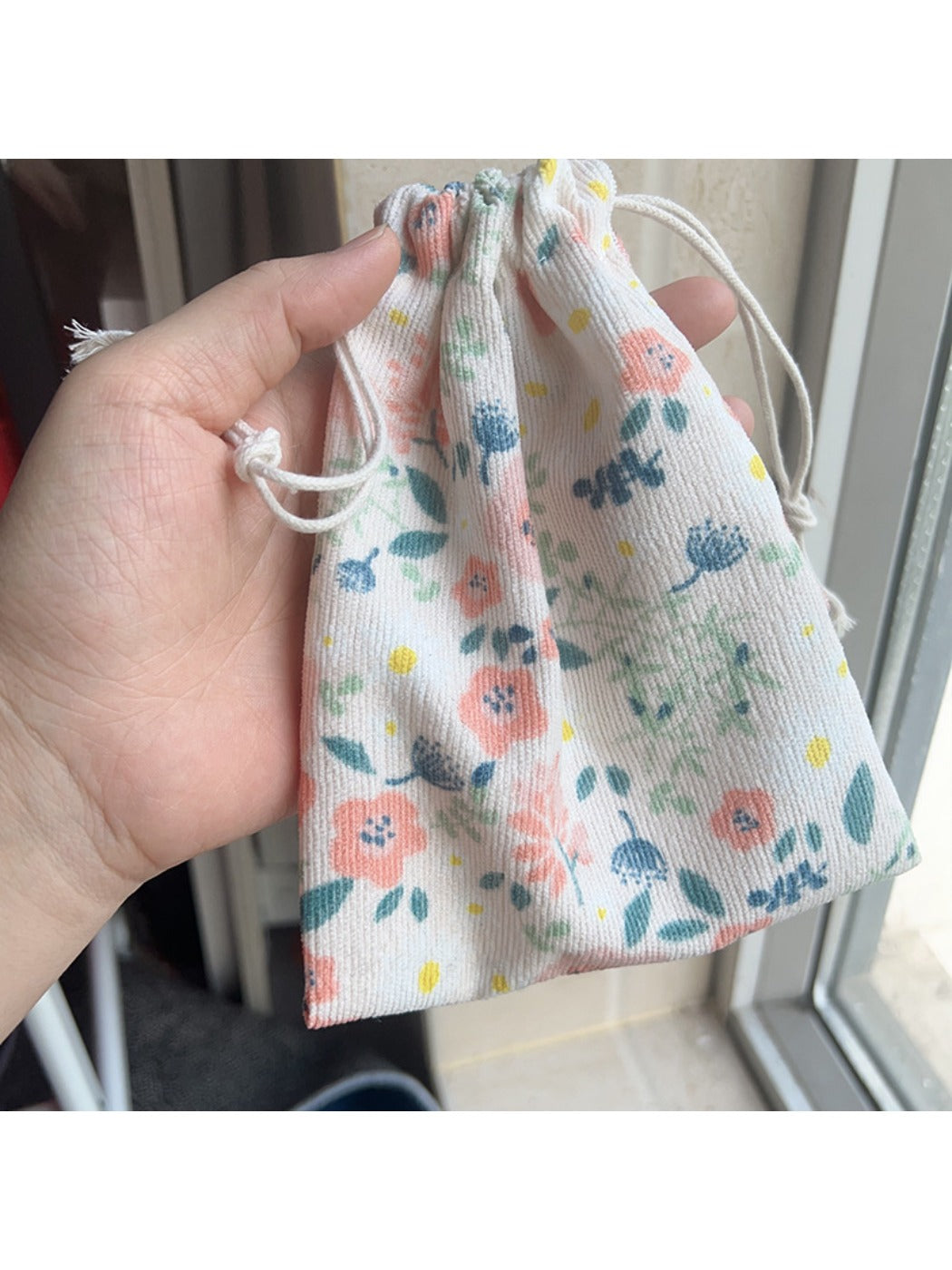 Cosbai floral drawstring pouch in mini size with pink and green flowers