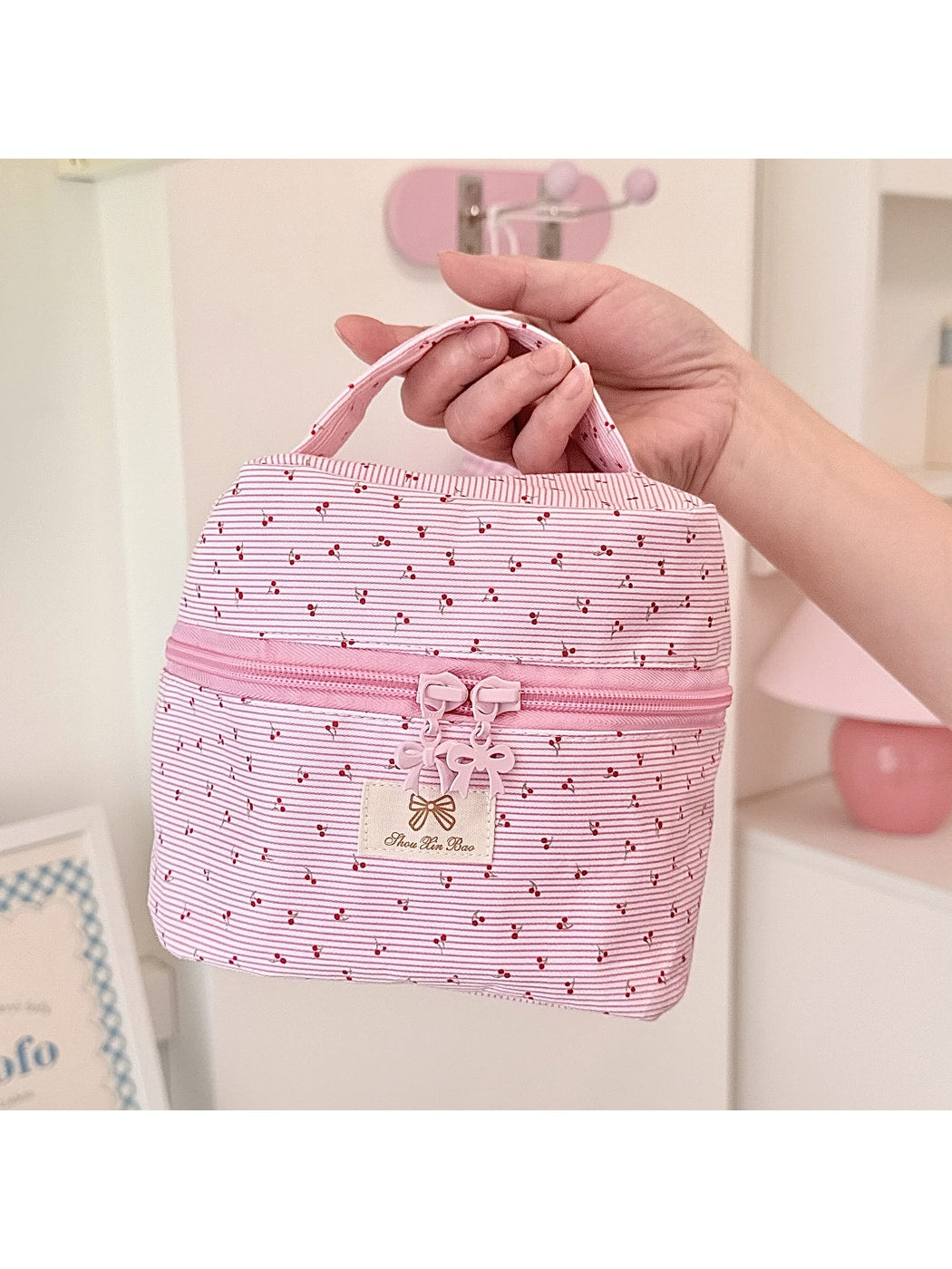 Cosbai - Cute Pink Floral Print Cosmetic Organizer Bag
