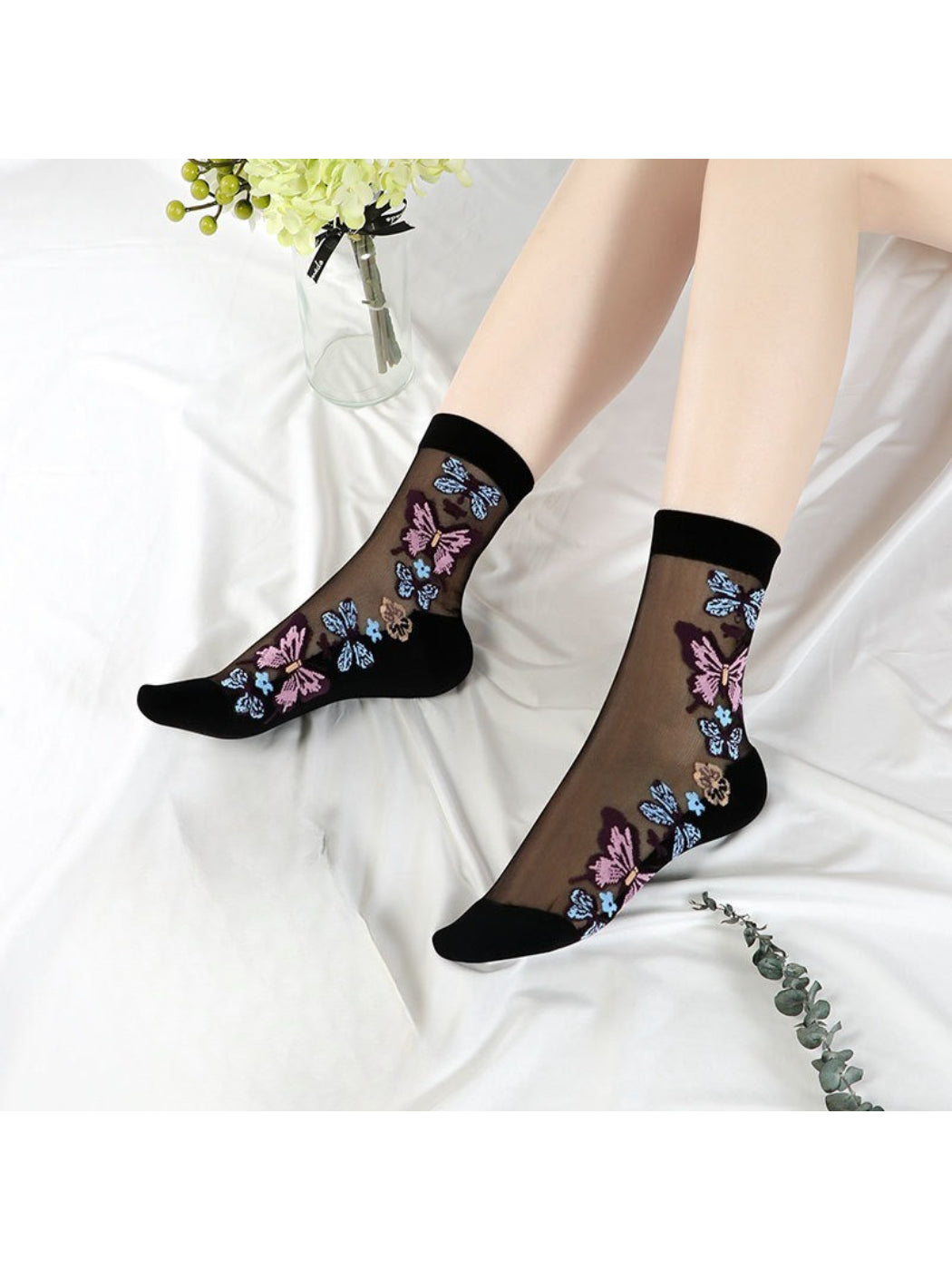 Rufia - Sheer Butterfly Embroidery Crew Socks