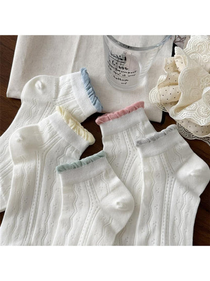 Rufia - White Tones Openwork Ruffle Ankle Socks