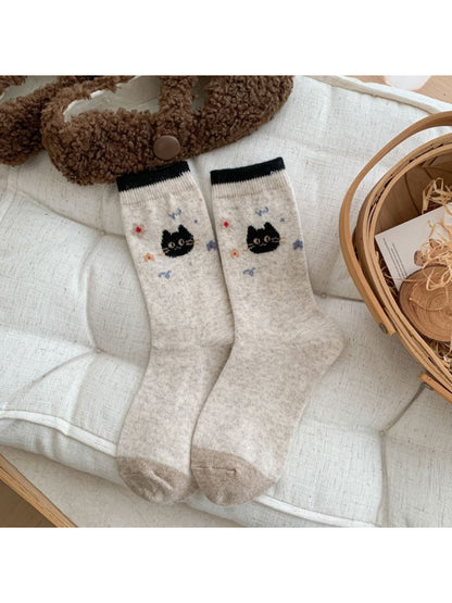 Rufia - Cat and Floral Knit Crew Socks