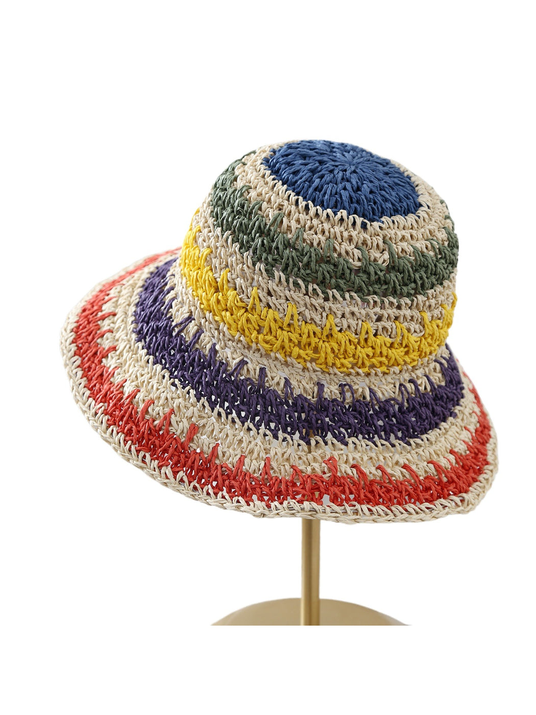 Close-up of Haila colorblock crochet style bucket hat highlighting the crochet details