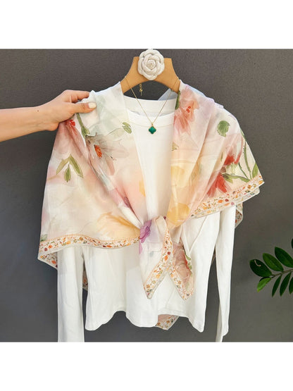 Scarvii - Soft Tone Floral Border Print Square Scarf