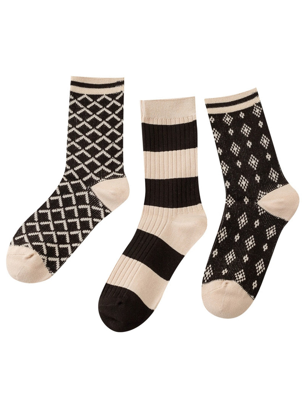 Rufia - Retro Khaki Geometric Pattern Crew Socks