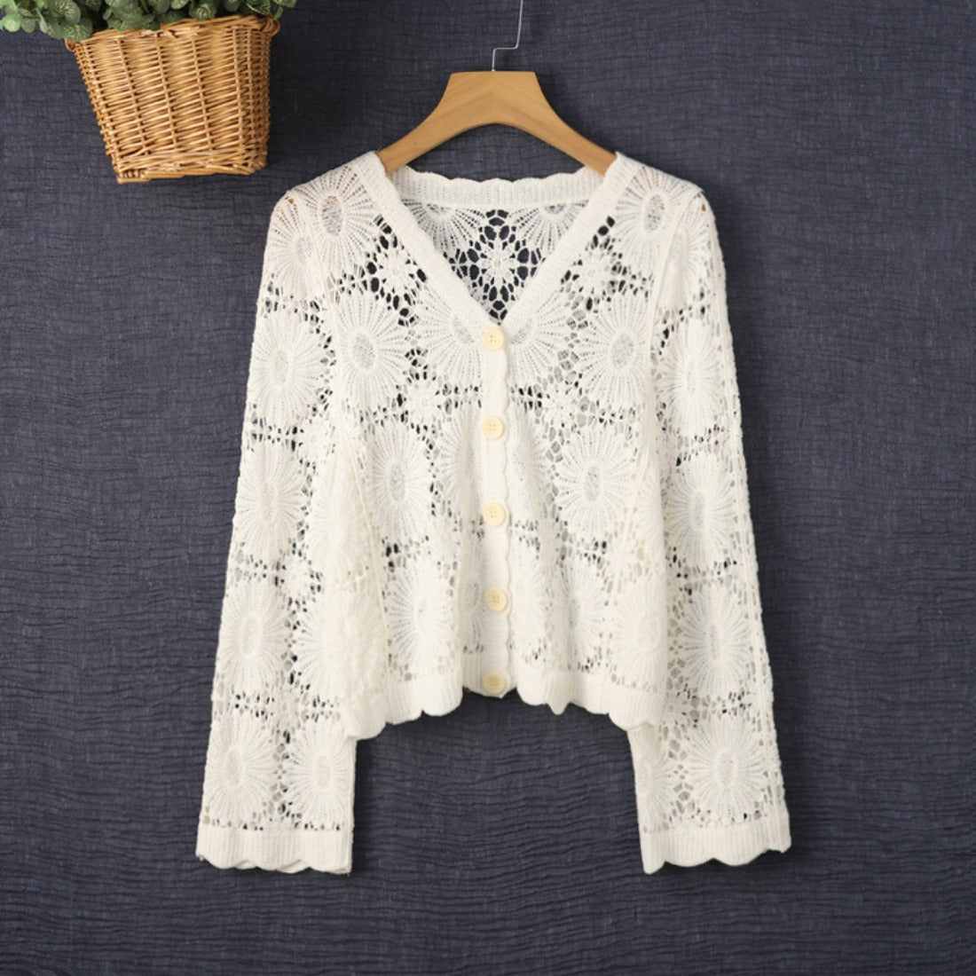 Crosa - Hollow-Out Knit Floral Long-Sleeve Cardigan