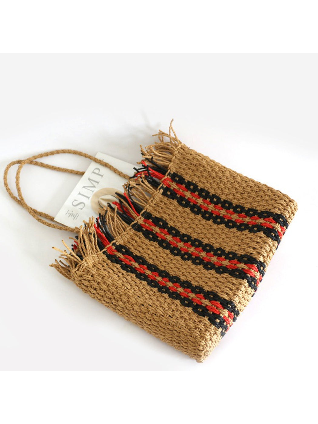 Cosbai - Fringe Stripe Straw Tote Bag - image 2