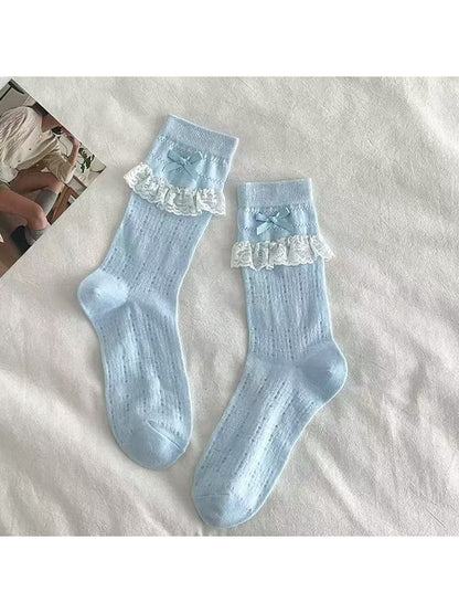 Rufia - Lace Trim Bow Detail Sweet Style Crew Socks