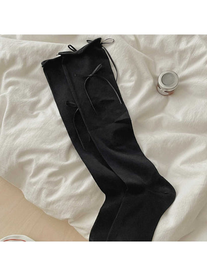 Rufia - Solid Style Bow Detail Mid Calf Socks
