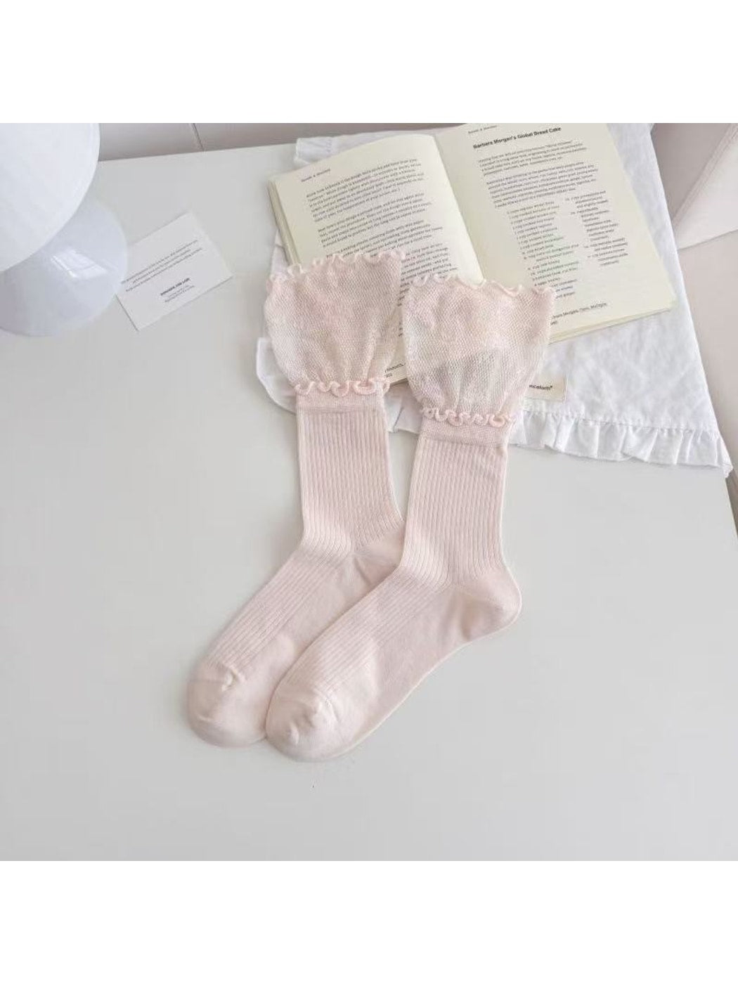 Rufia - Elegant Ruffle Trim Solid Color Crew Socks