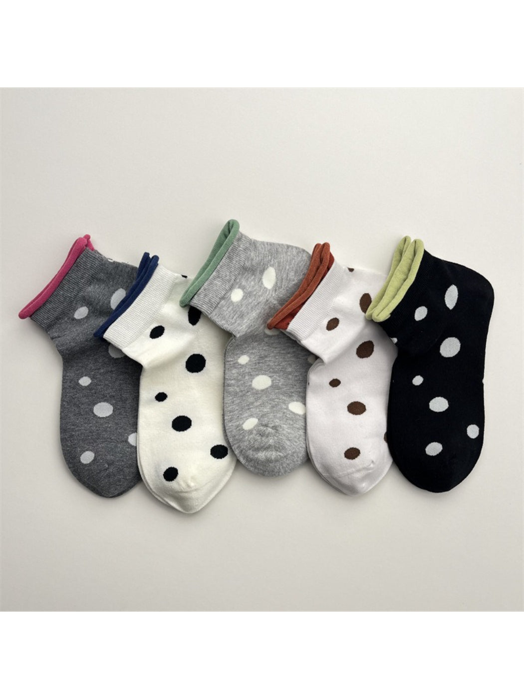Rufia Dot Color Block Low Cut Socks in white with colorful dot pattern