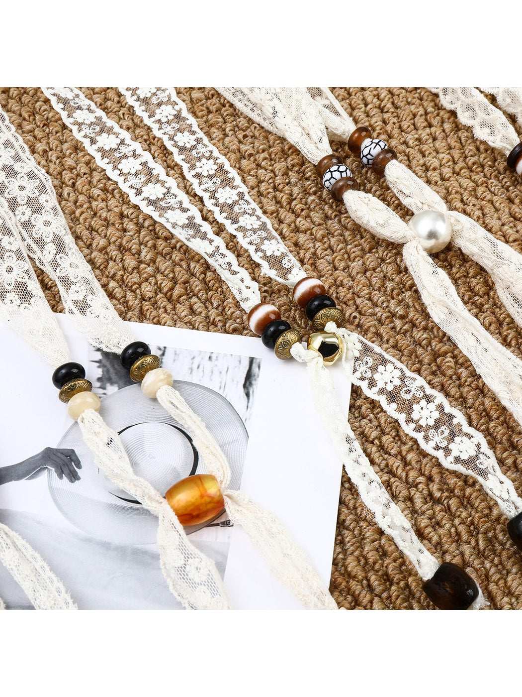 Scarvii - Lace Floral Print with Bead Detail Narrow Scarf