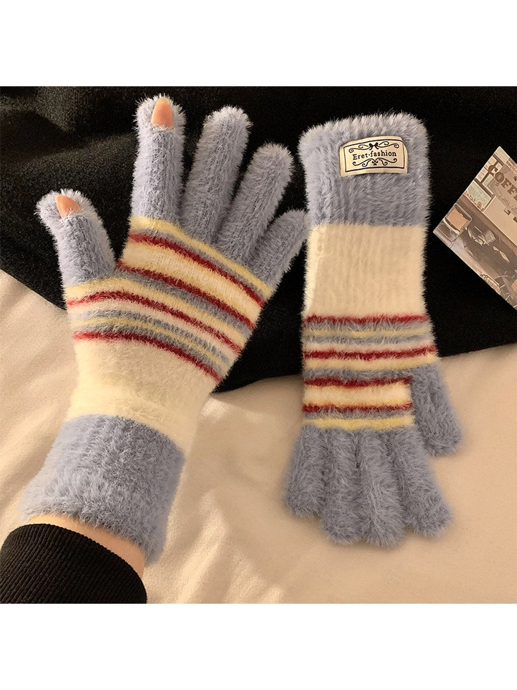 Gloving - Plush Stripe Finger-Opening Winter Gloves