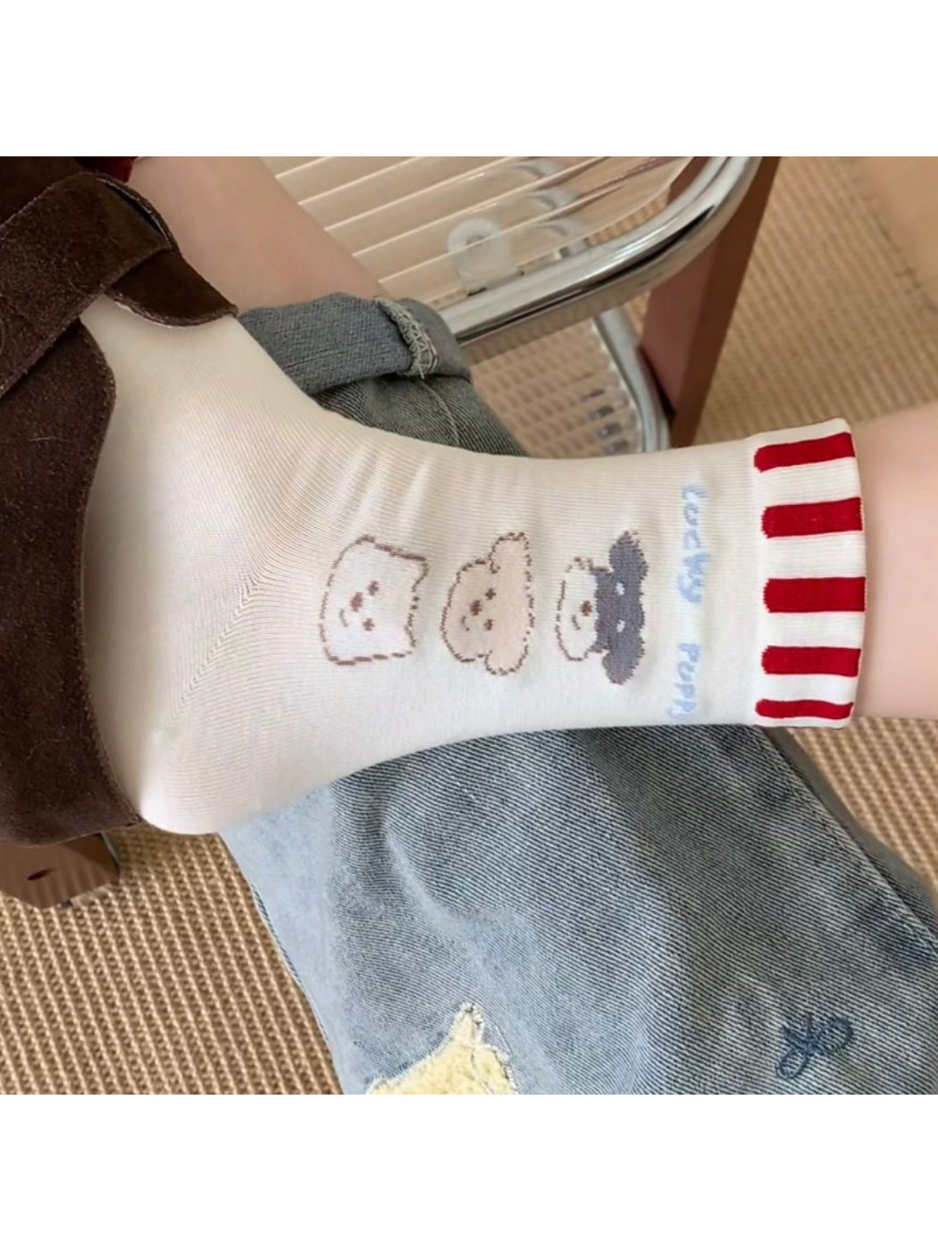 Close-up of Rufia Dog Pastel Mid-Calf Socks fabric texture and colors