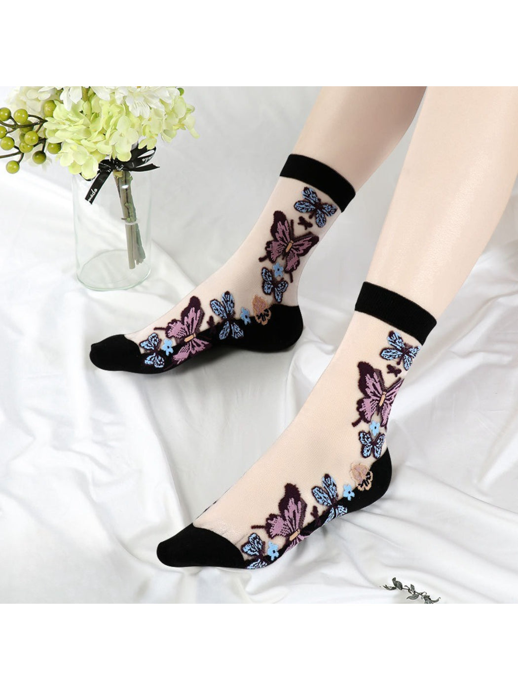 Rufia - Sheer Butterfly Embroidery Crew Socks