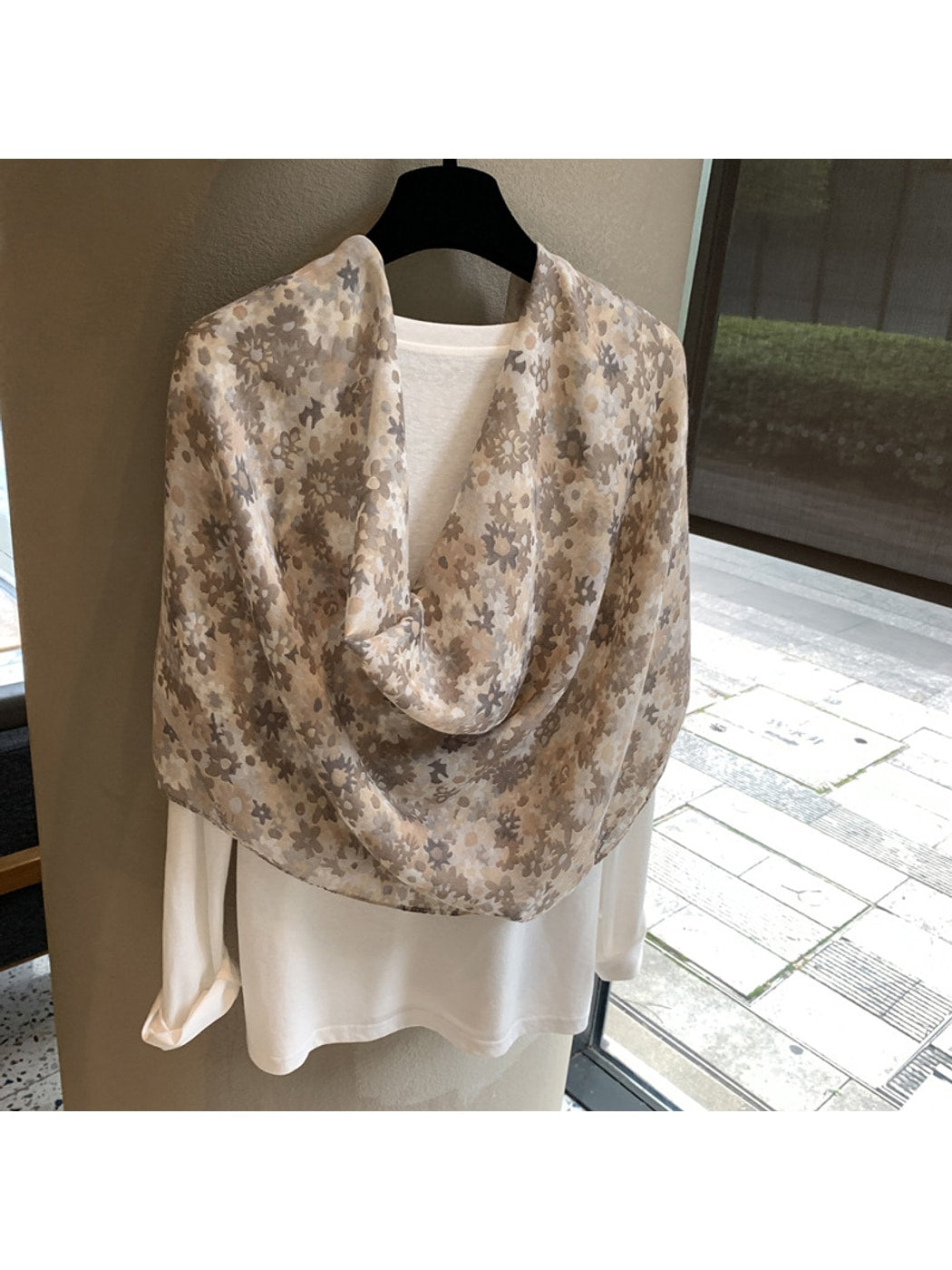 Scarvii - Khaki Floral Print Tassel Trim Long Scarf