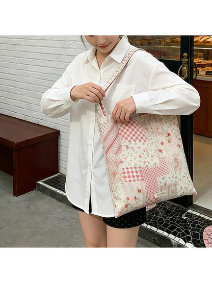Cosbai Soft Floral Patchwork Shoulder Tote hanging on shoulder with visible floral design