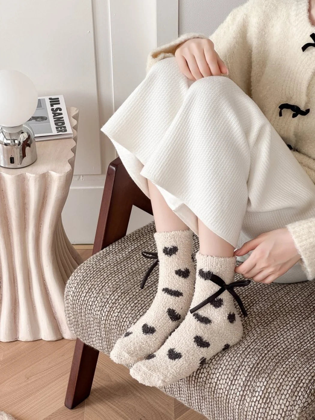 Rufia - Heart Fuzzy Texture Bow Detail Sleep Socks