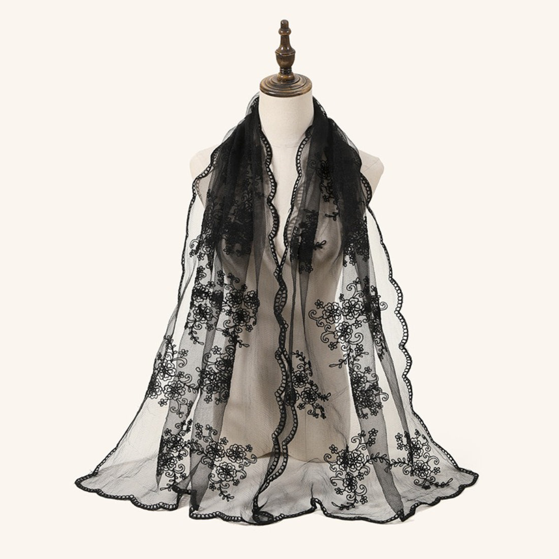 Scarvii sheer scarf with intricate baroque embroidery in cream and gold tones