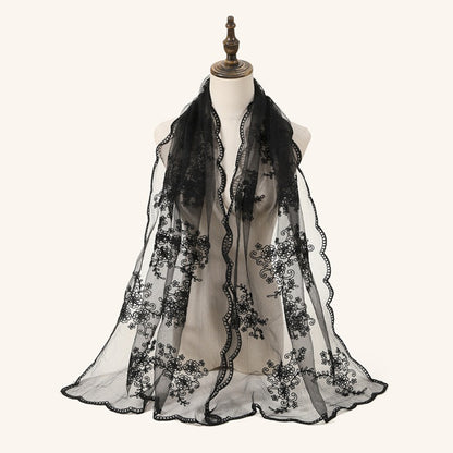 Scarvii sheer scarf with intricate baroque embroidery in cream and gold tones