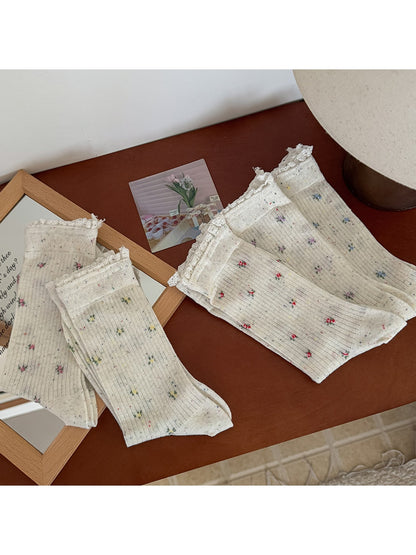 Rufia - Floral Pattern Ribbed Crew Socks