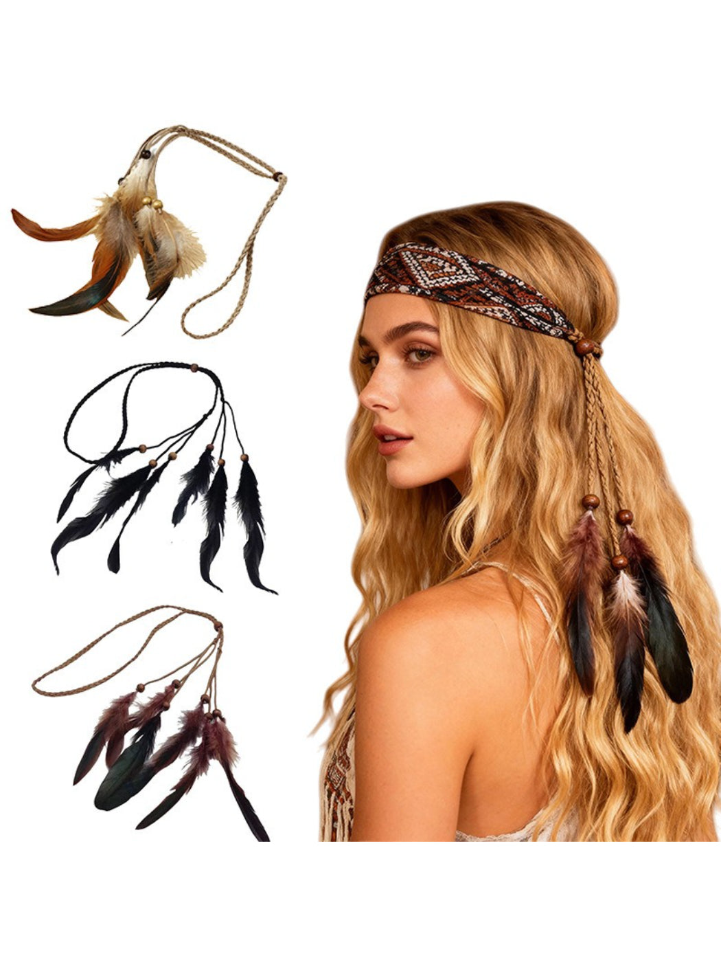 Boho printed headband with feather hair headpiece displayed on a white background