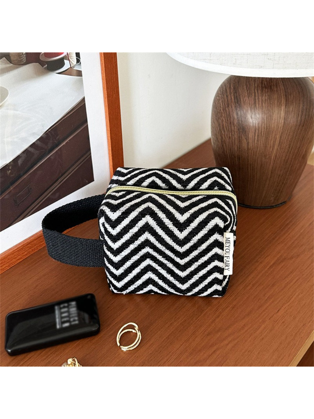 Cosbai Zigzag Print Zip Pouch laid flat highlighting the full zigzag print design