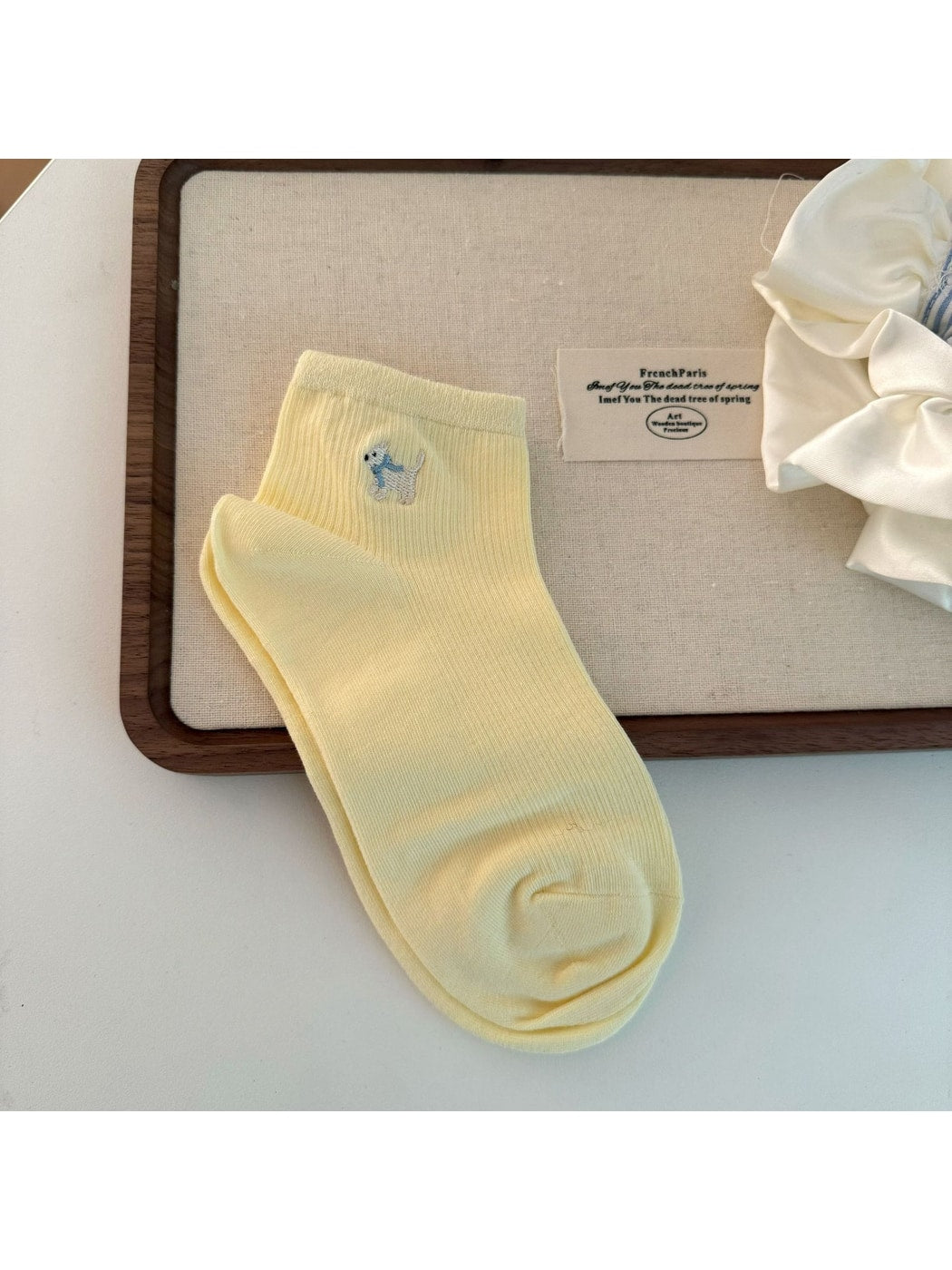 Rufia - Cute Dog Embroidery Solid Color Ankle Socks