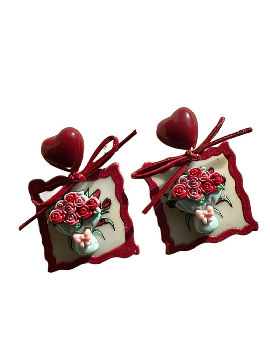 Earwish - Retro Sweet Red Rose with Bows Earrings