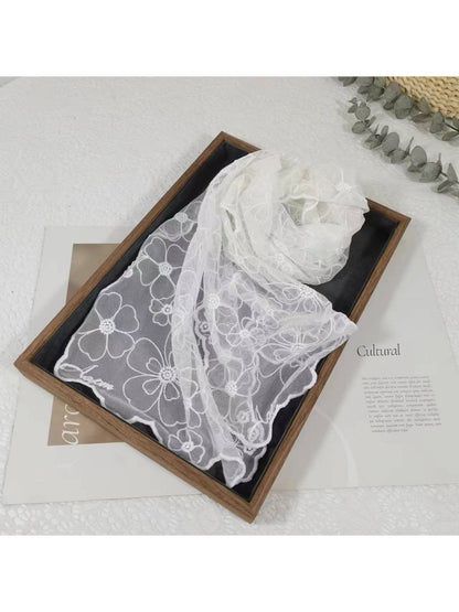 Scarvii - Solid Color Floral Lace Long Scarf