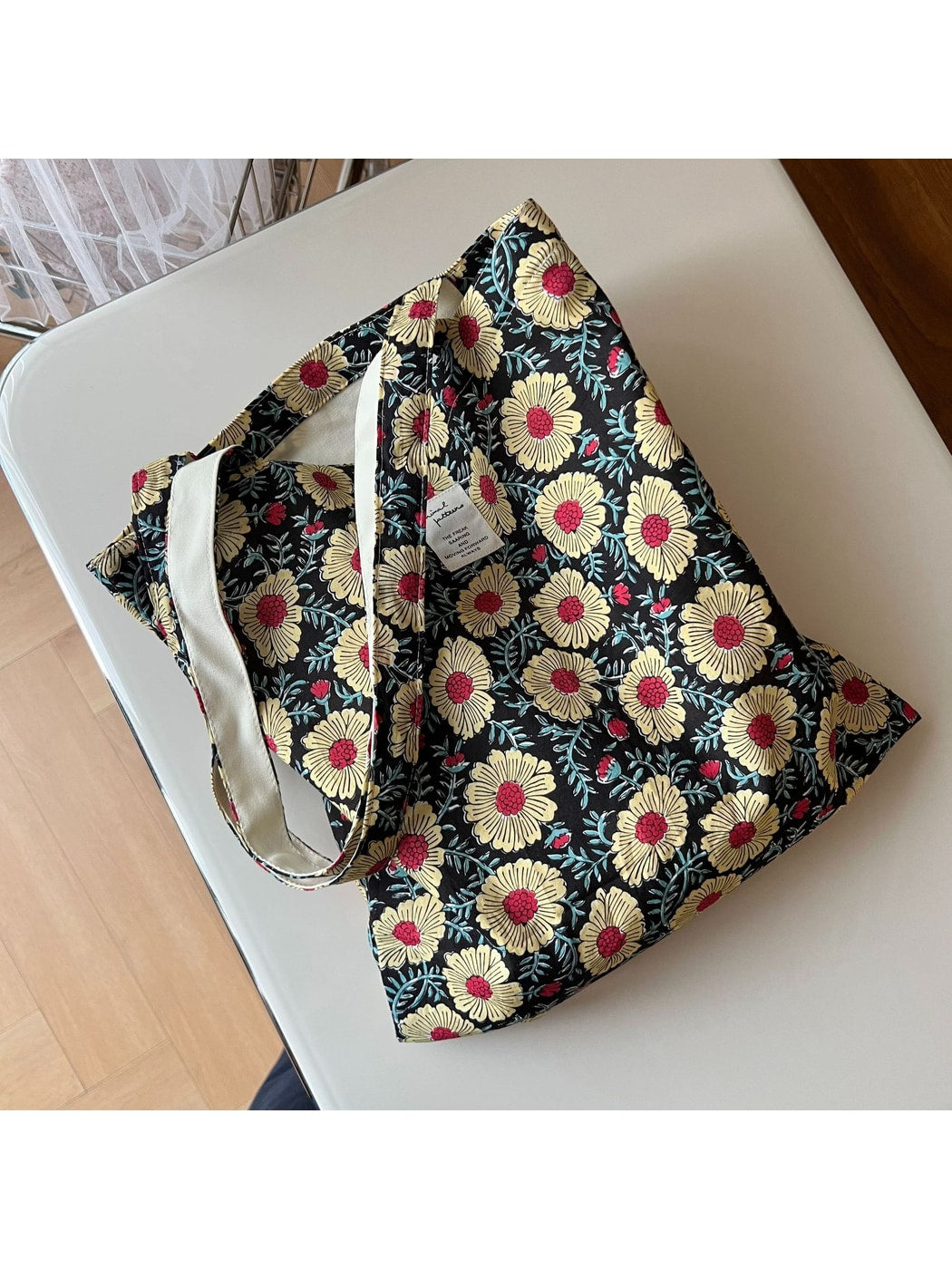 Cosbai - Retro Floral Print Open Top Tote Bag