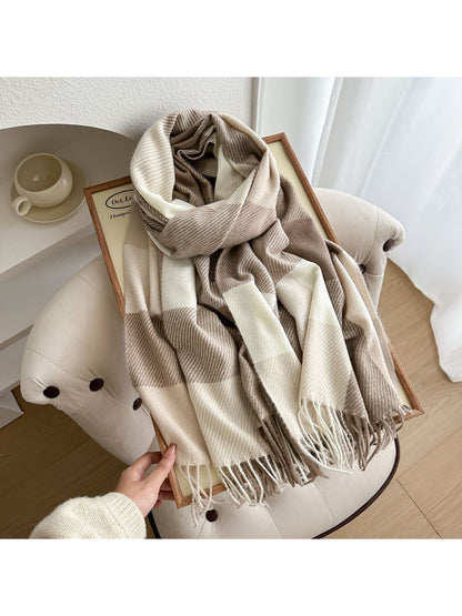 Scarvii - Colorblock Plaid Fringed Winter Scarf