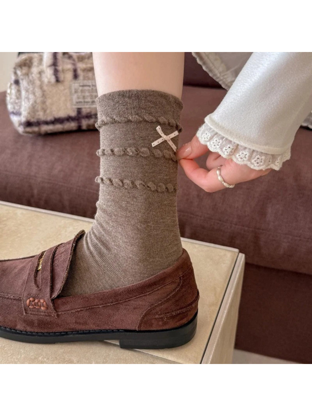Rufia - Bow Detail Raised Loop Trim Crew Socks