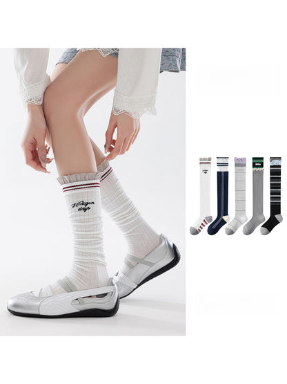 Rufia - Striped Ribbed Casual Knee-high Socks