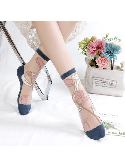 Rufia - Colorblock Sheer Floral Design Socks