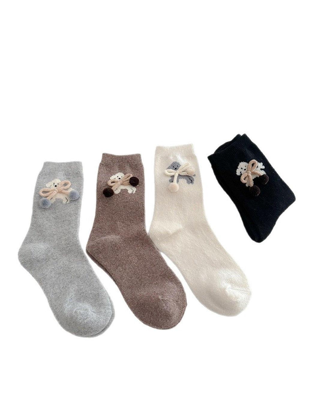 Rufia - Playful Puppy Pattern Plush Bow Crew Socks