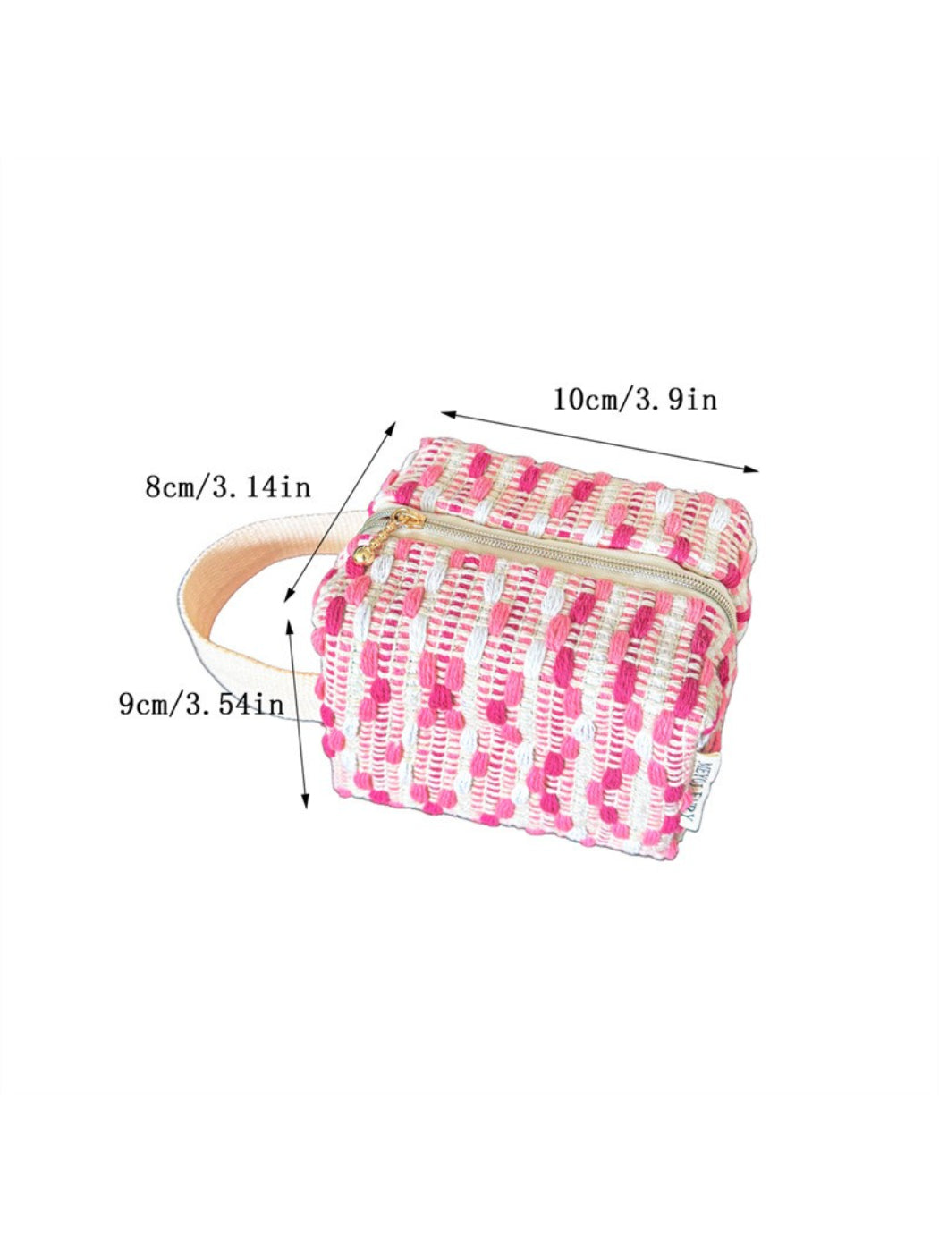 Side view of Cosbai woven stripe cosmetic bag highlighting its shape and pattern
