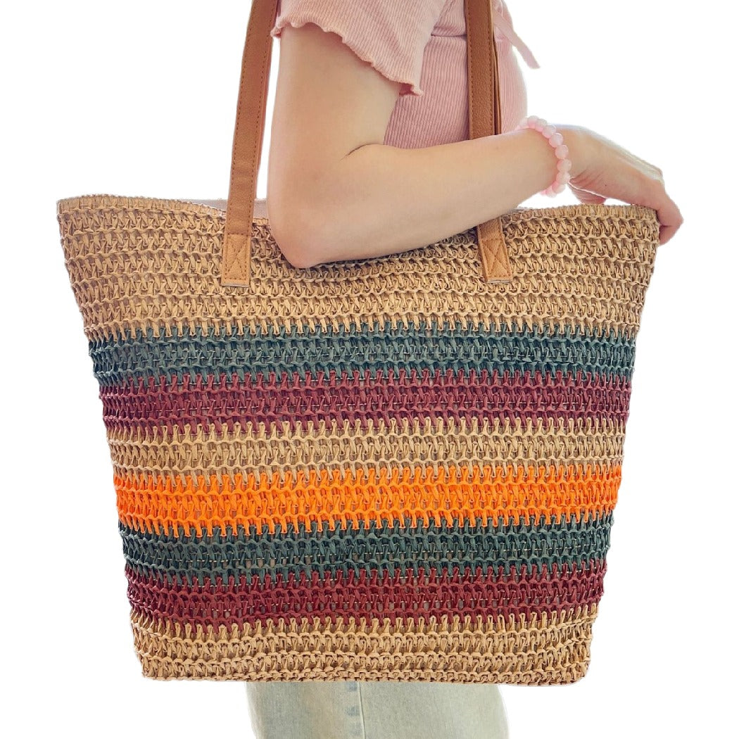 Cosbai - Colorblock Striped Crochet Tote Bag - Large & Classic