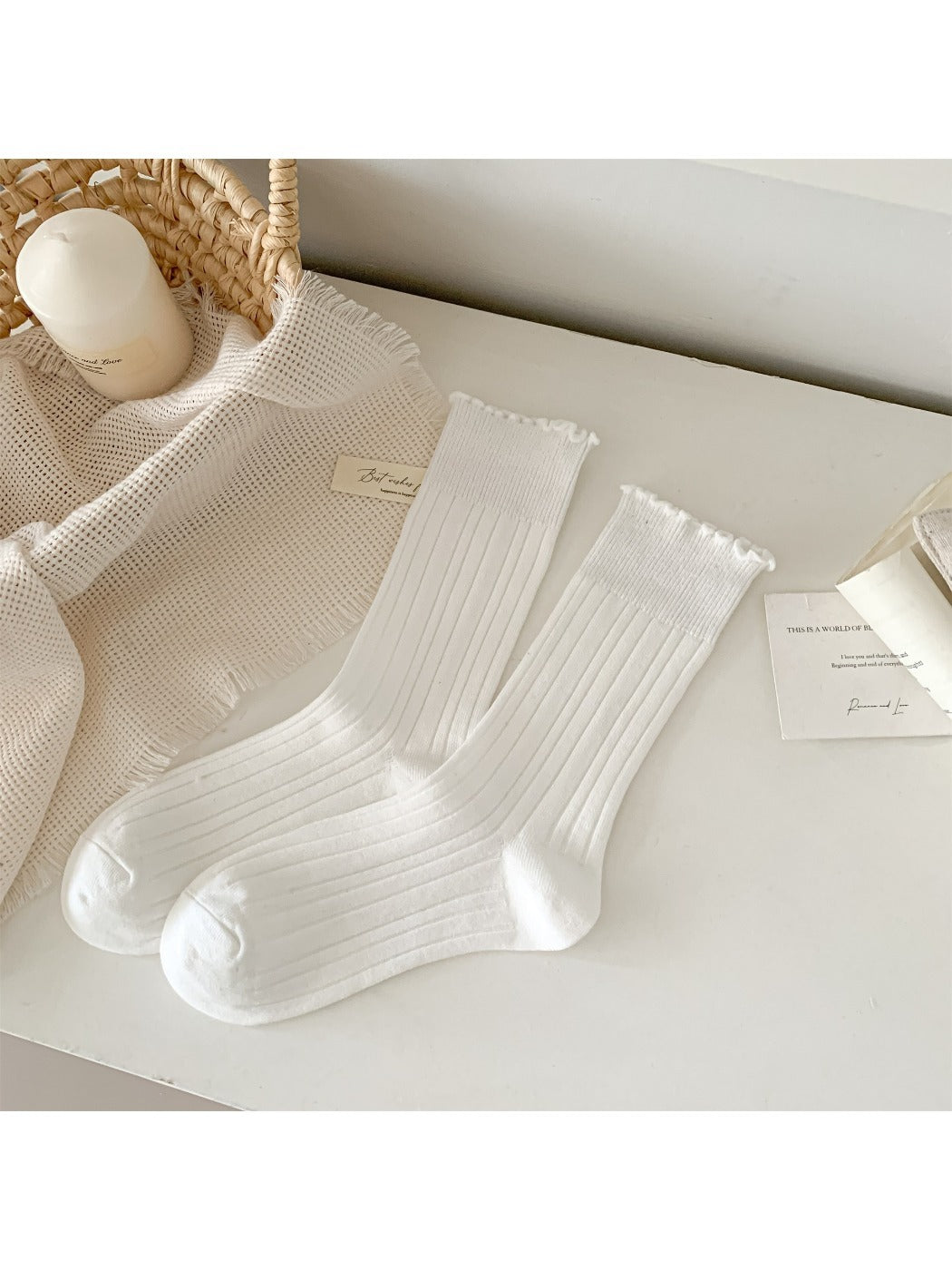 Rufia - Solid Color Ribbed Mid-Calf Socks