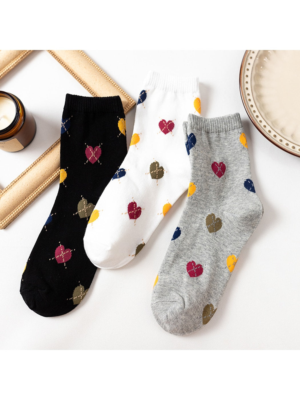 Rufia - Colorful Heart Pattern Casual Crew Socks