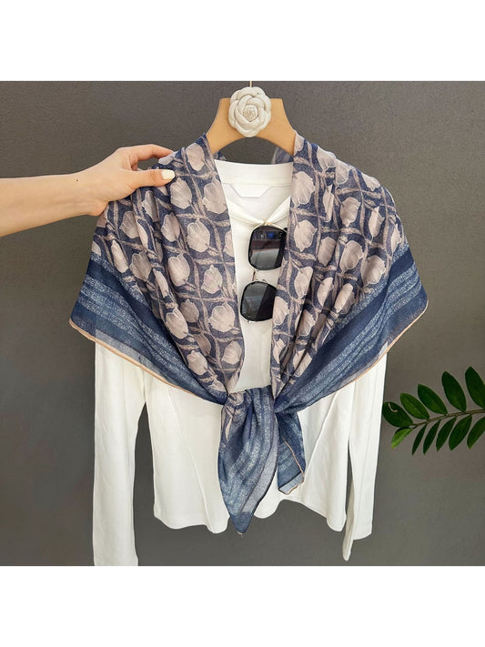 Scarvii - Elegant Tulip Pattern Blue Square Scarf