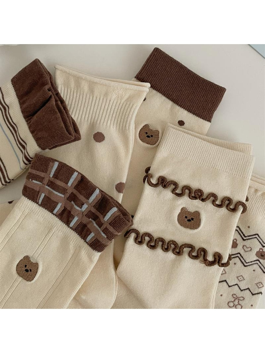 Rufia - Brown Cute Bear Pattern Crew Socks